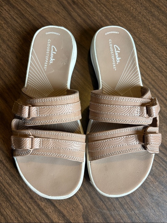 Clarks Shoes - Clarks Size 7 Tan Breeze Piper Double-Strap Slide Sandals Cloudsteppers
